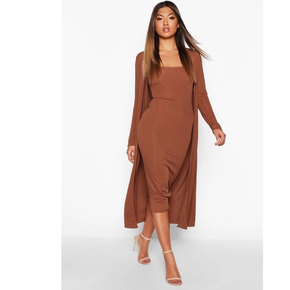 Boohoo Dresses & Skirts - Boohoo Chocolate Ribbed Sleeveless Midi Dress and Duster Matching Set